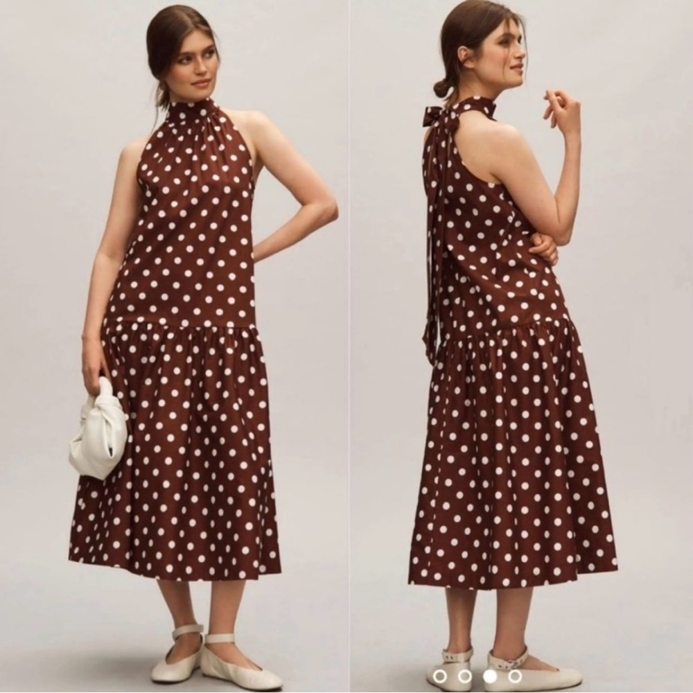 Maeve Chocolate Brown Polka Dot Midi Dress
